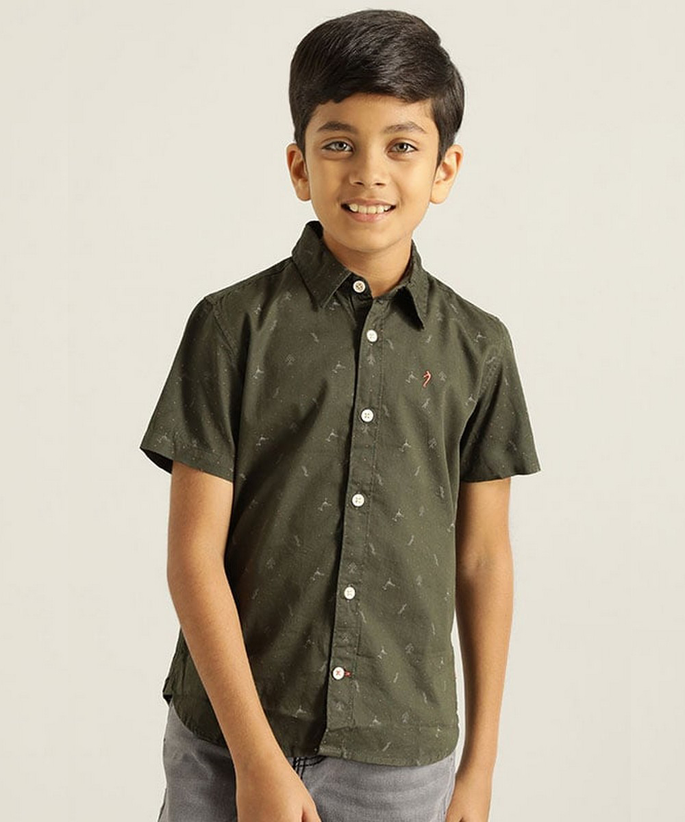 Indian Terrain Boys Regular Fit  Olive Printed Shirt