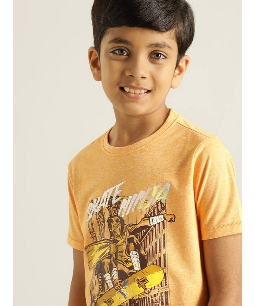 Indian Terrain Boys Regular Fit  Papaya-Melange Graphic T-Shirt