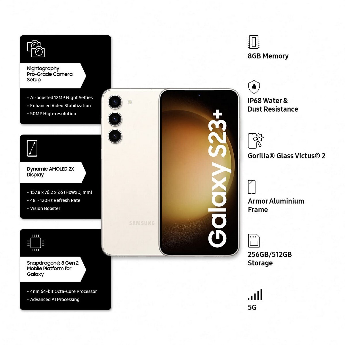 Samsung Galaxy S916 S23 Plus 5G 8/256 Storage, Cream