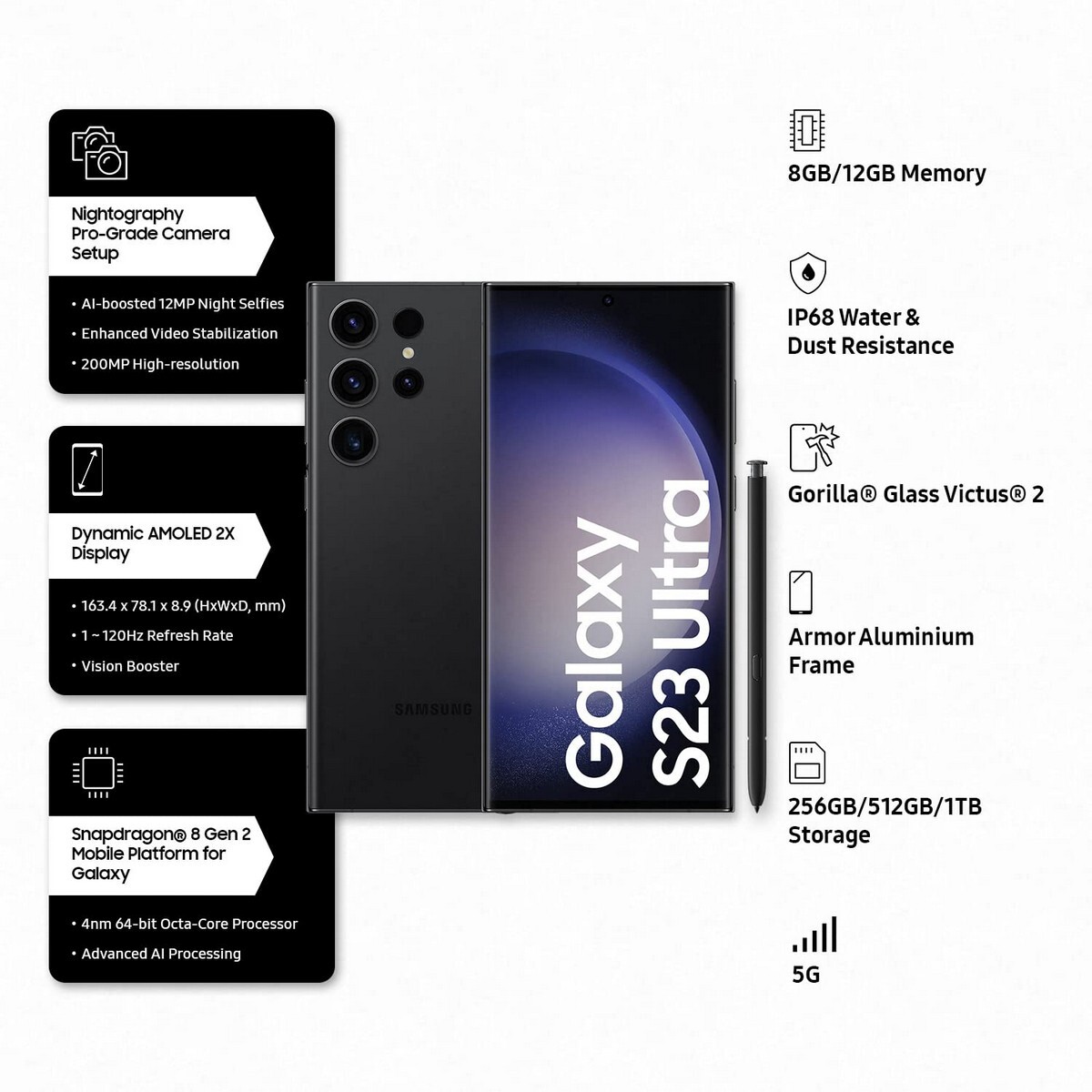 Samsung Galaxy S918 S23 Ultra 5G 12/512 Storage, Black