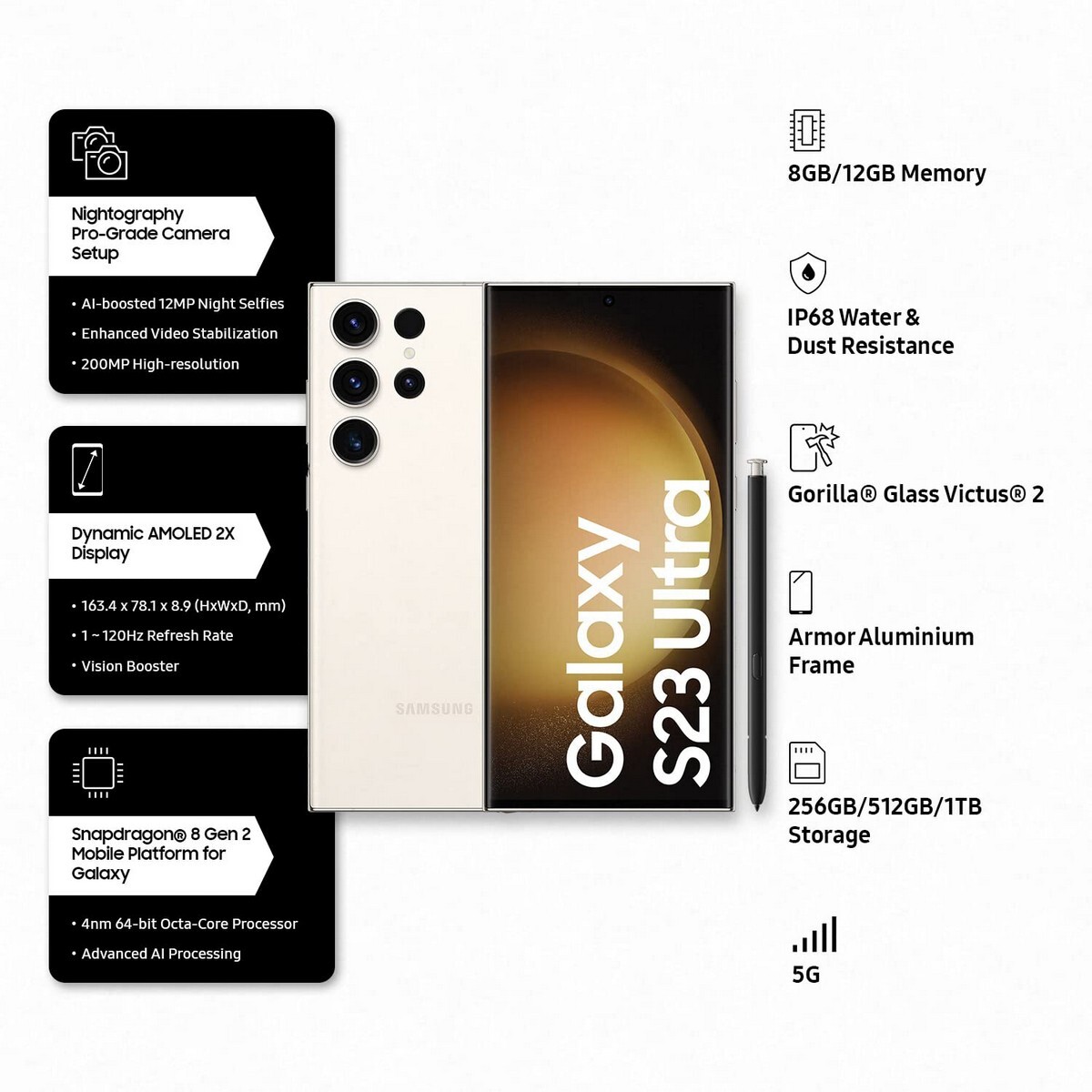 Samsung Galaxy S918 S23 Ultra 5G 12/512 Storage, Cream