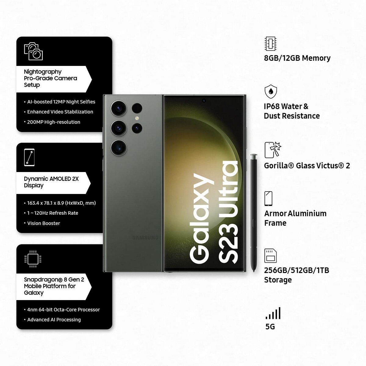 Samsung Galaxy S918 S23 Ultra 5G 12/1TB Storage, Green
