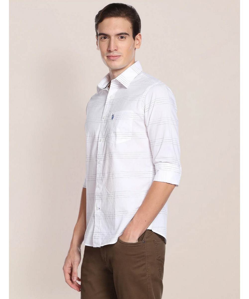 U.S.POLO Mens Regular Fit   White Horizontal striped Pattern  Casual Shirt