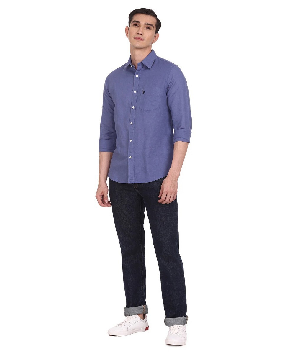 U.S.POLO Mens Regular Fit  Blue Solid Casual Shirt