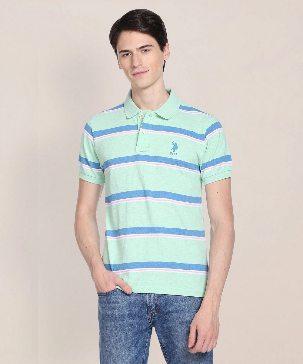 U.S.POLO Mens Slim Fit  Light Green Horizontal striped Pattern  T-Shirt