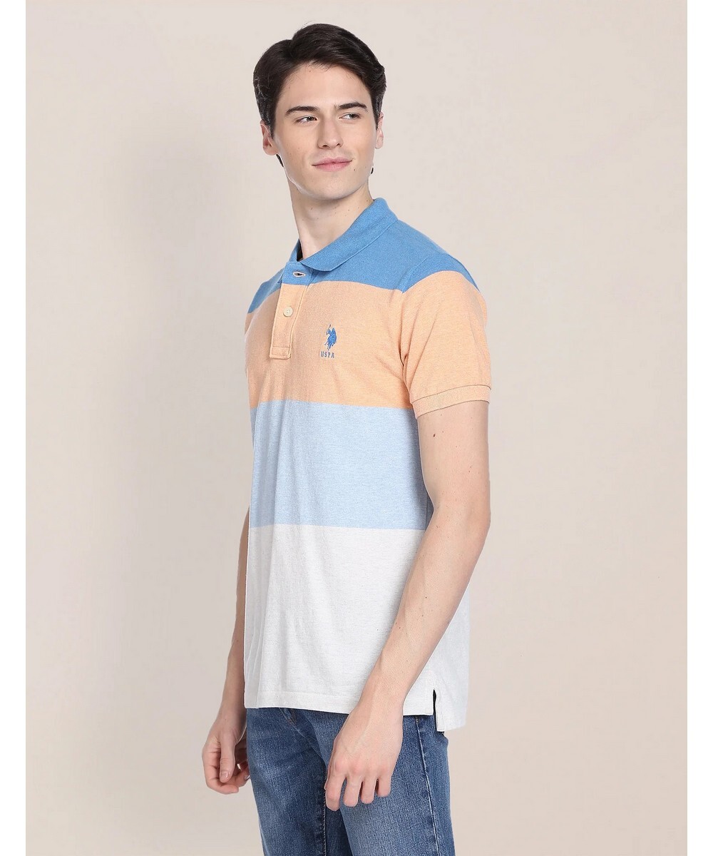 U.S.POLO Mens Slim Fit   Light Blue Colourblocked Pattern  T-Shirt