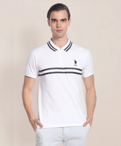 U.S.POLO Mens Slim Fit  White Horizontal striped Pattern  T-Shirt