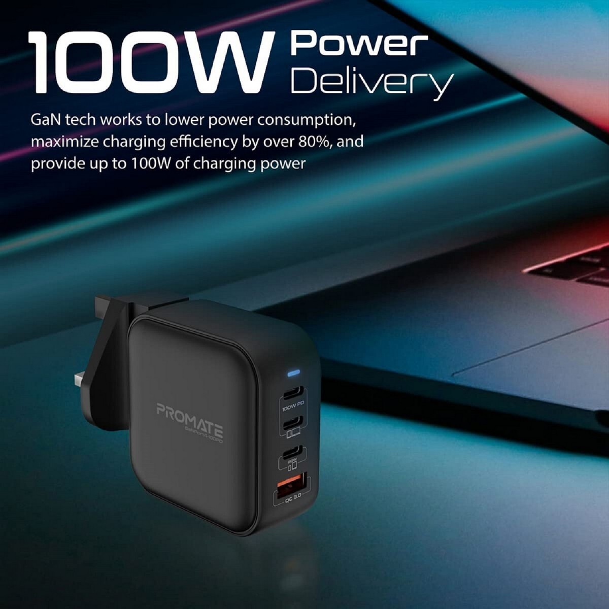Promate GaN Fast Charger 100 W Black