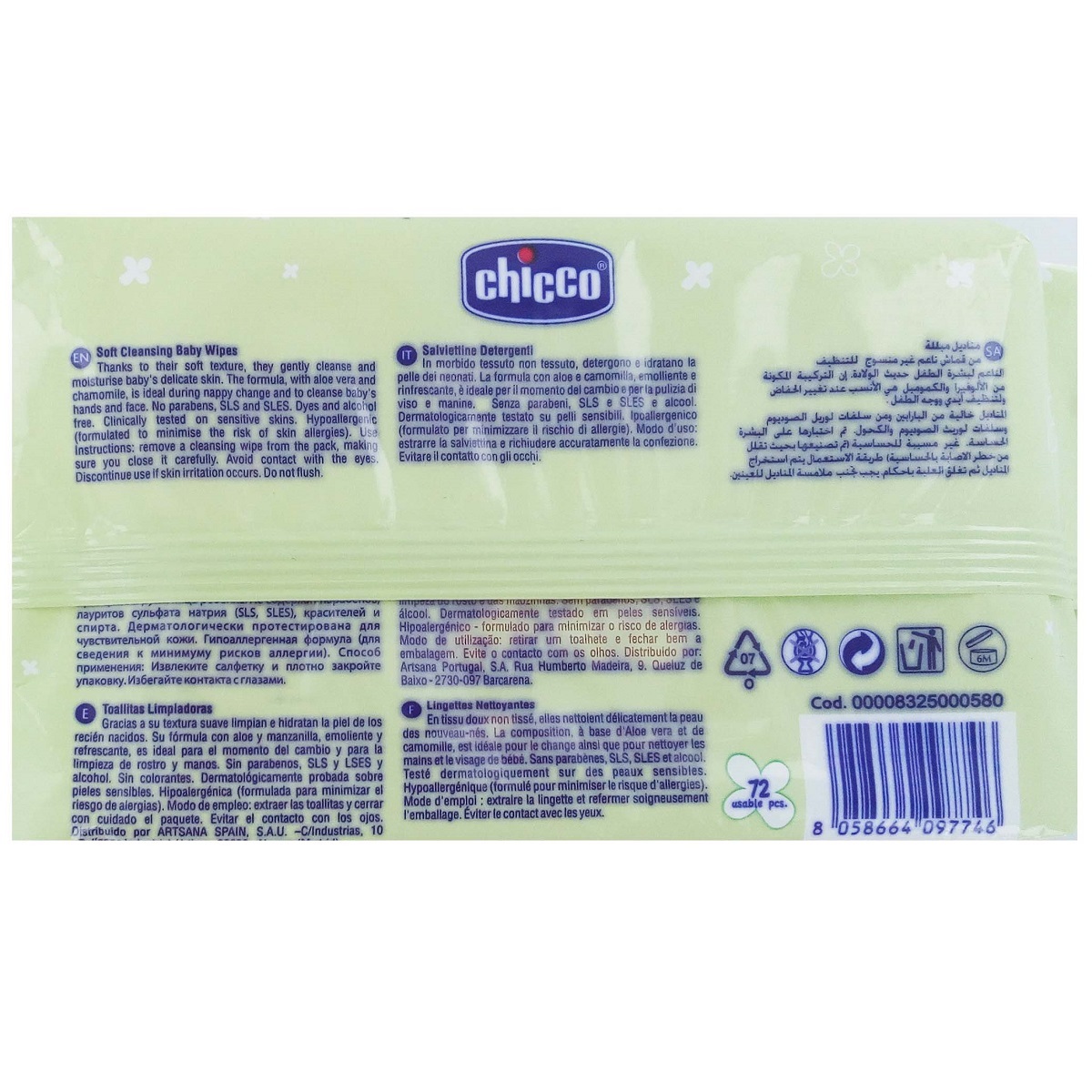 Chicco Baby Soft Cleansing Wipes No Flip over 72's