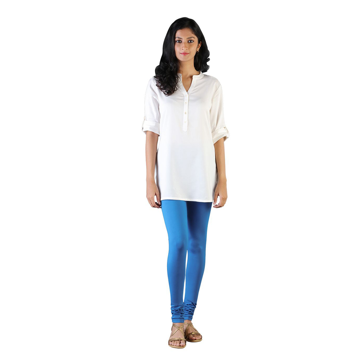 Twin Birds Women Solid Colour Churidar Legging with Signature Wide Waistband - Blue Spring- Size - Large