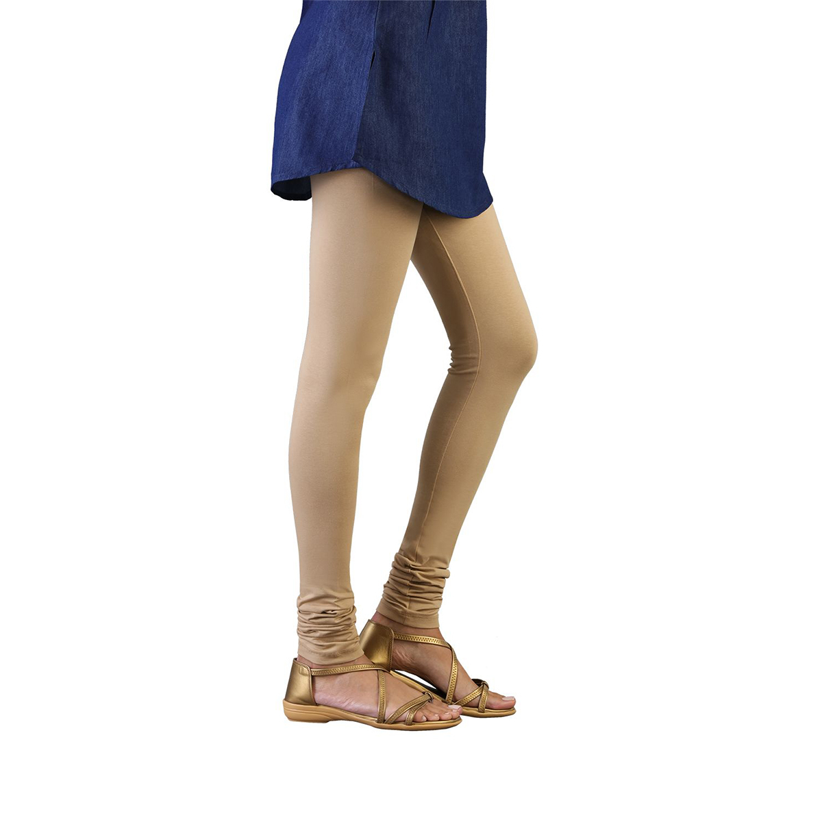 Twin Birds Women Solid Colour Churidar Legging with Signature Wide Waistband - Sand Castle- Size - Medium