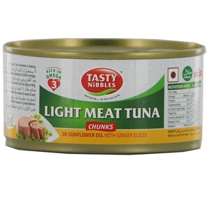Tasty Nibbles Light Meat Tuna Chunks in Sunflower Oil With Ginger Slices  185g