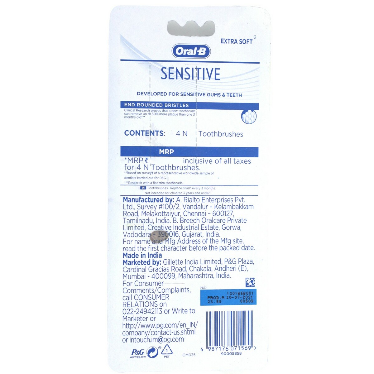 Oral-B Toothbrush Sensitive Whitening Soft 2+1 Free Assorted Colours