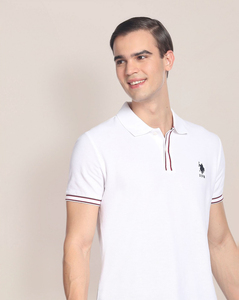 U S Polo Mens Solid  White Slim fit Polo T Shirt