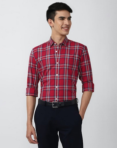 Peter England Mens Check Red Slim Fit Casual Shirt