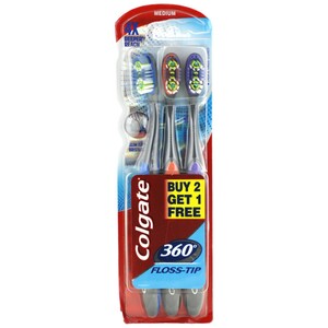 Colgate Toothbrush 360° Floss Tip 2 + 1 Free Assorted Colours