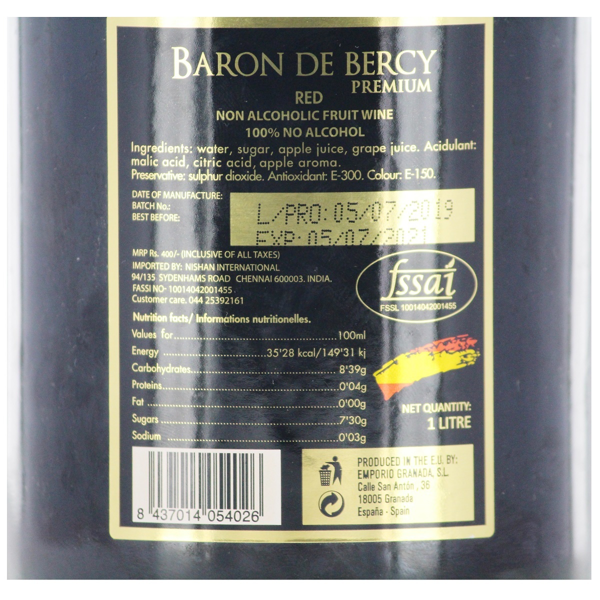 Baron De Bercy Non Alcoholic Fruit Wine Black Red 1Litre