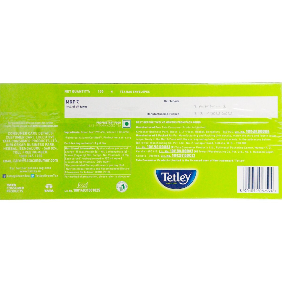 Tata Tetley Green Tea 100 Tea Bags