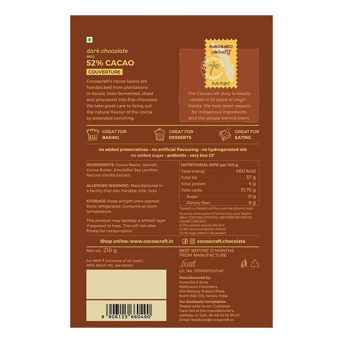 Cocoacraft Dark Chocolate  Couverture 210Gm