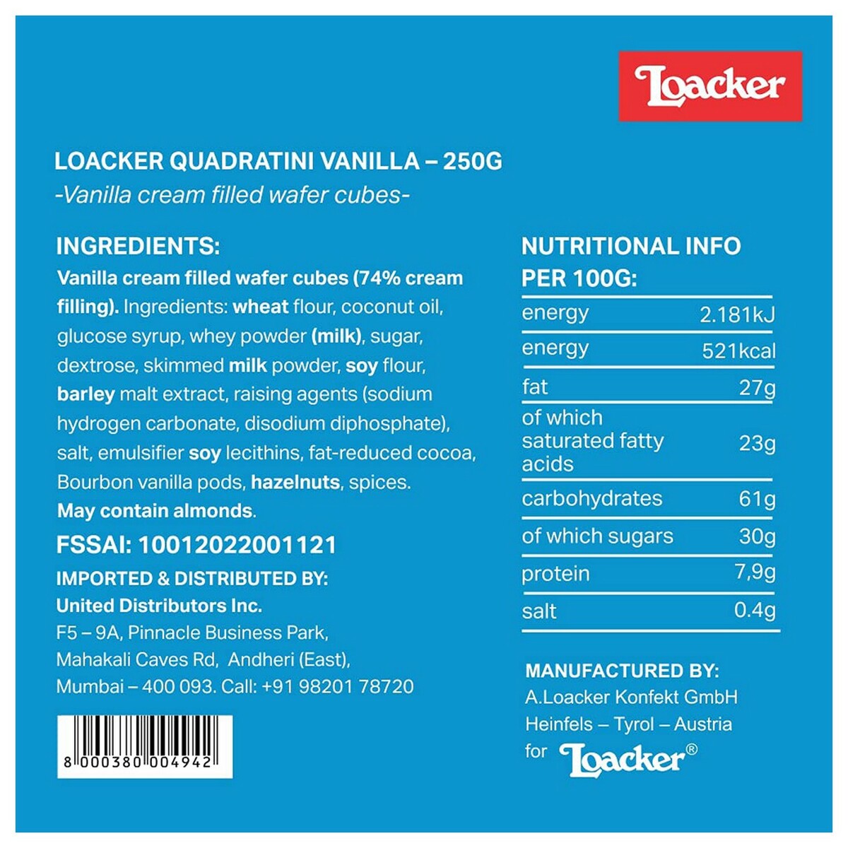Loacker Quadratini Vanilla 250Gm