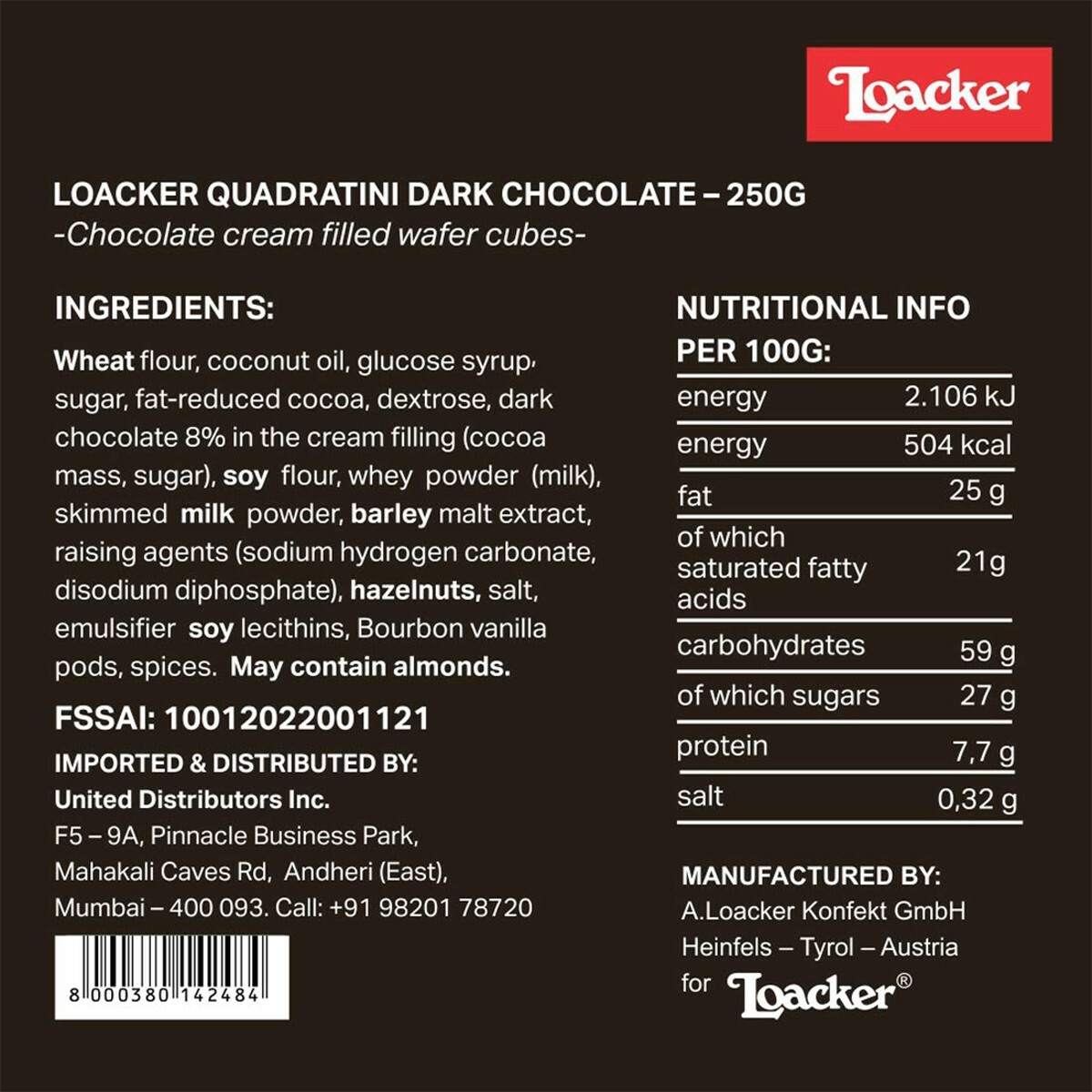 Loacker Dark Chocolate 250gm