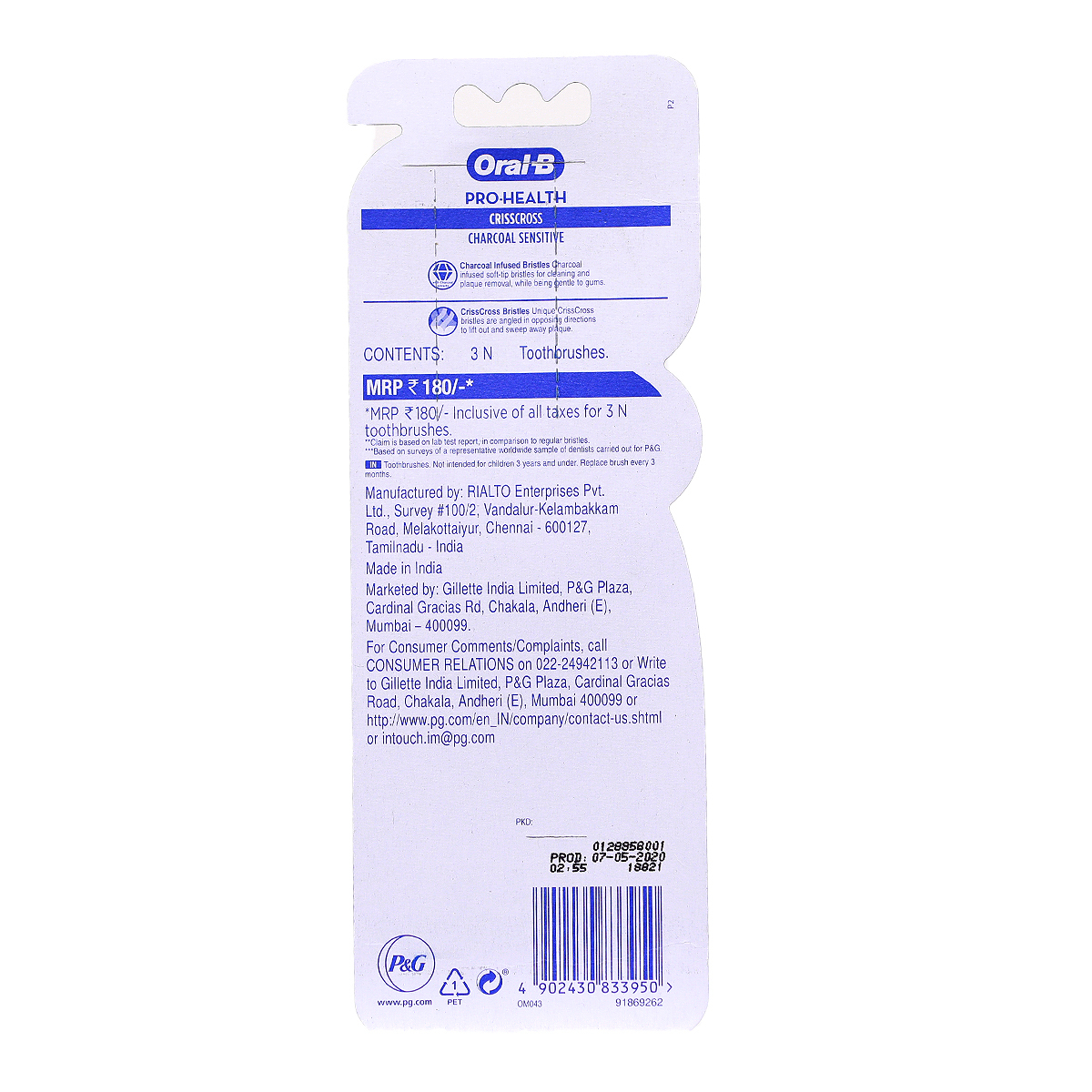 Oral -B Tooth Brush Ultrathin Charcoal 40Xs 2+1 Free
