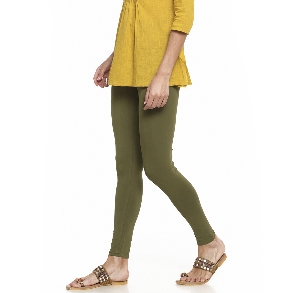 Go Colors Women Solid Color Ankle Length Legging - Olive Green