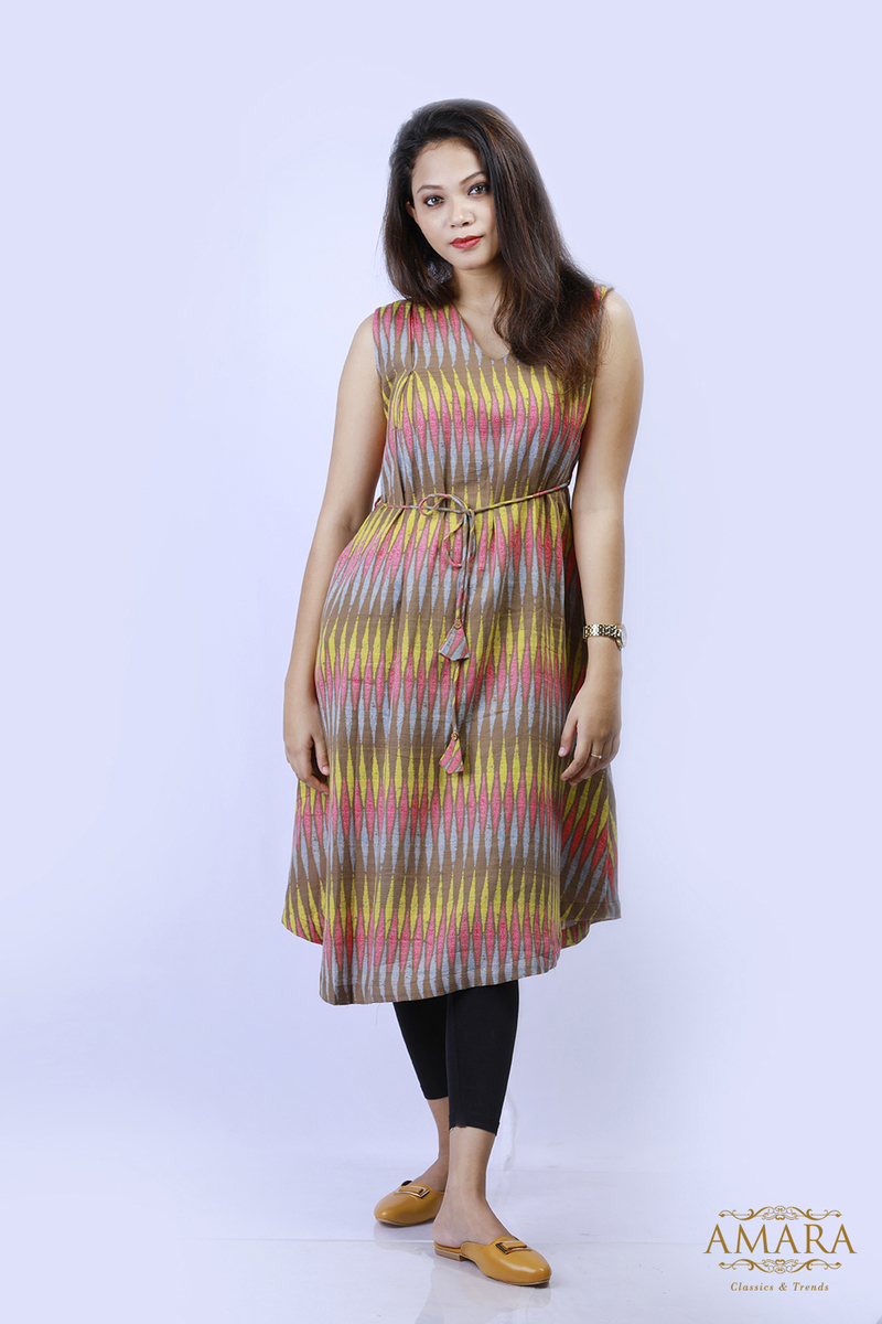 Amara V Neck Sleeveless Dress With Multi Coloured Print - Grey Multi