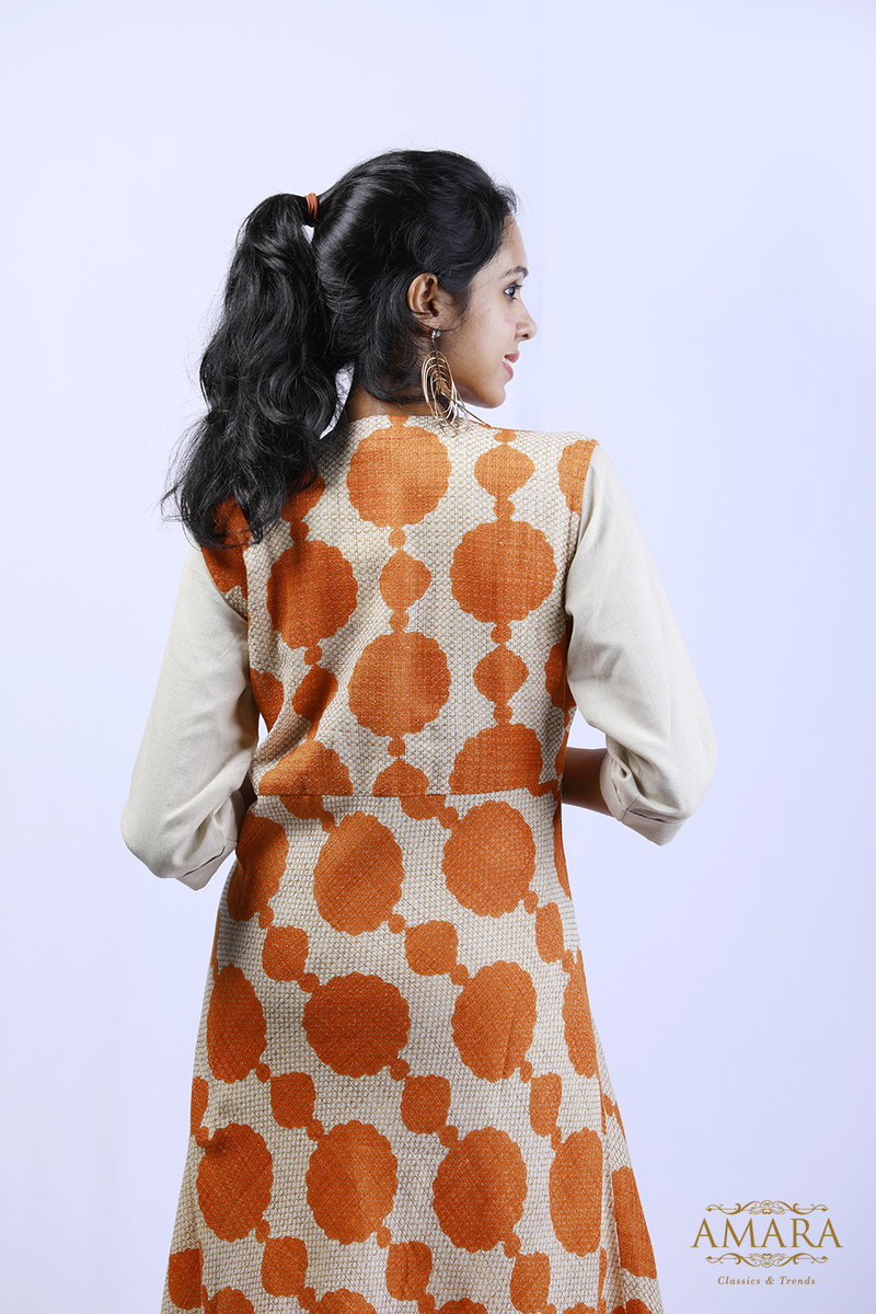 Amara Round Neck Kurta with All Over Printed Jacket - Cream Orange