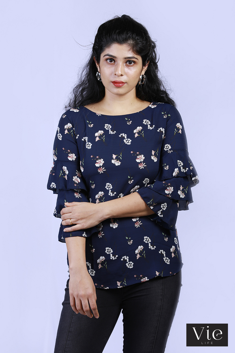 Vie Life Floral Printed Top With Flare Layered Sleeve - Navy
