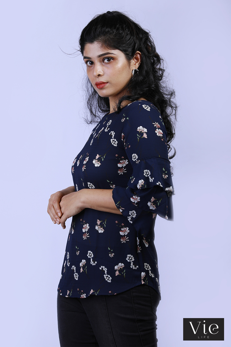 Vie Life Floral Printed Top With Flare Layered Sleeve - Navy