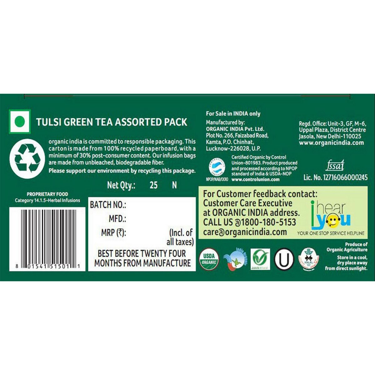Organic India  Tulsi Green Tea Assorted  Pack 25 Tea Bags