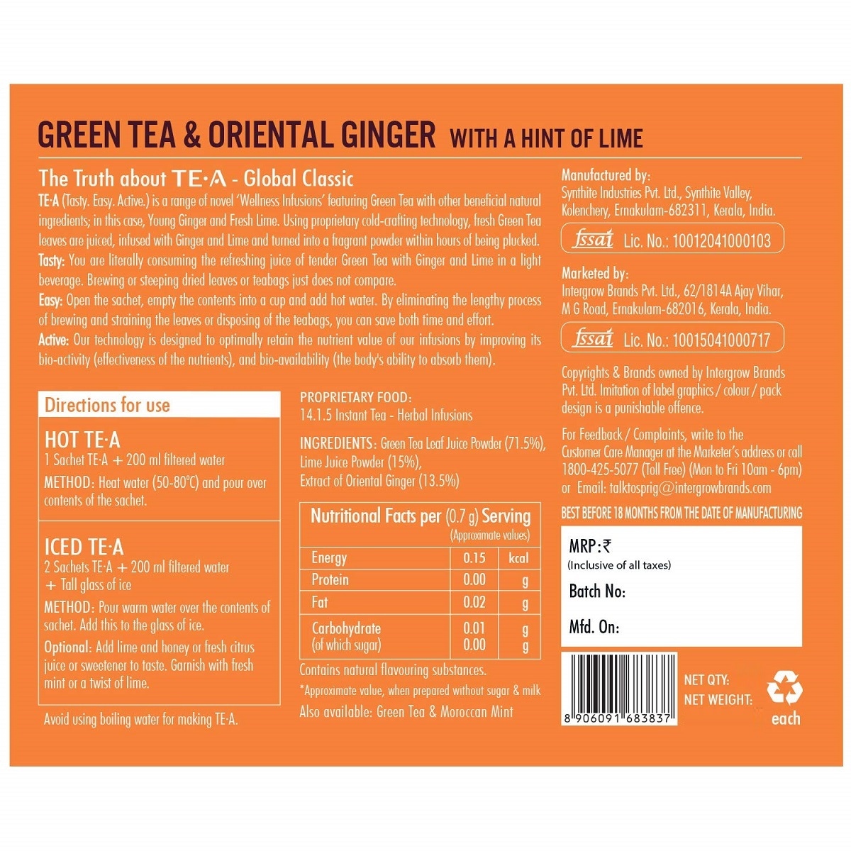 Sprig TE.A Green Tea & Oriental Ginger Pack 25's