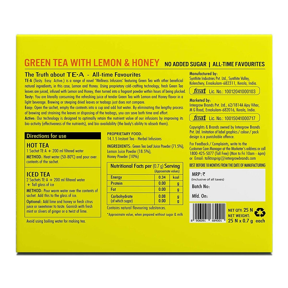 Sprig TE.A Green Tea & Lemon & Honey-Pck 25
