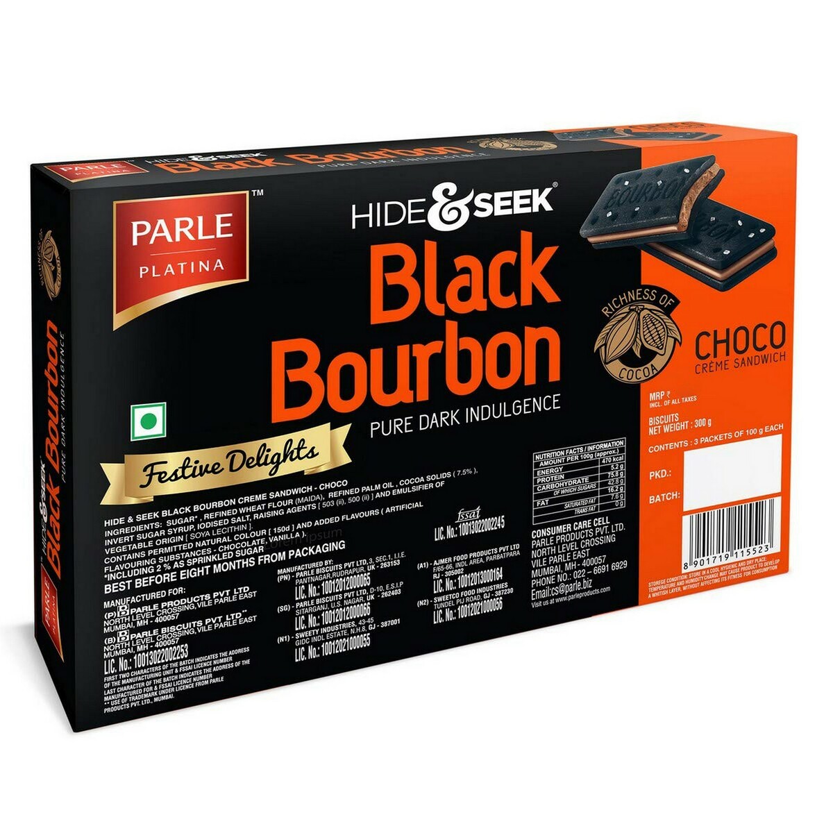 Parle Hide and Seek Black Bourbon Chocolate 300gm