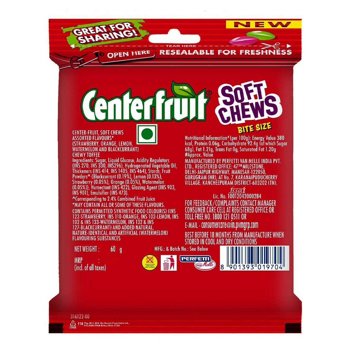 Centre Fruit Soft Chews Candy Pouch 60g