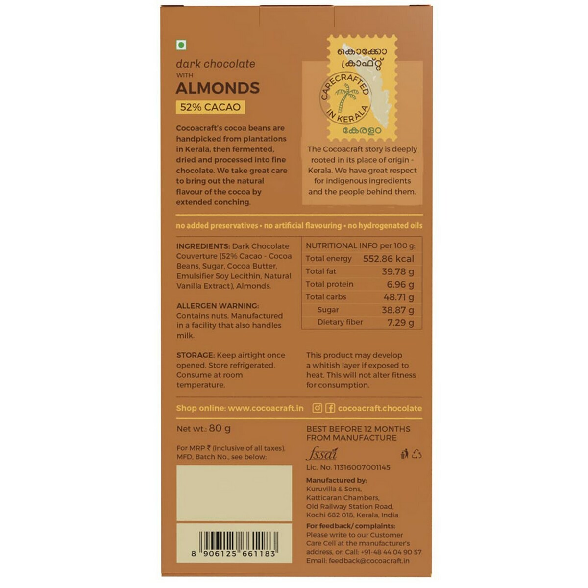 Cocoacraft Dark Chocolate with Roasted Almonds 80g