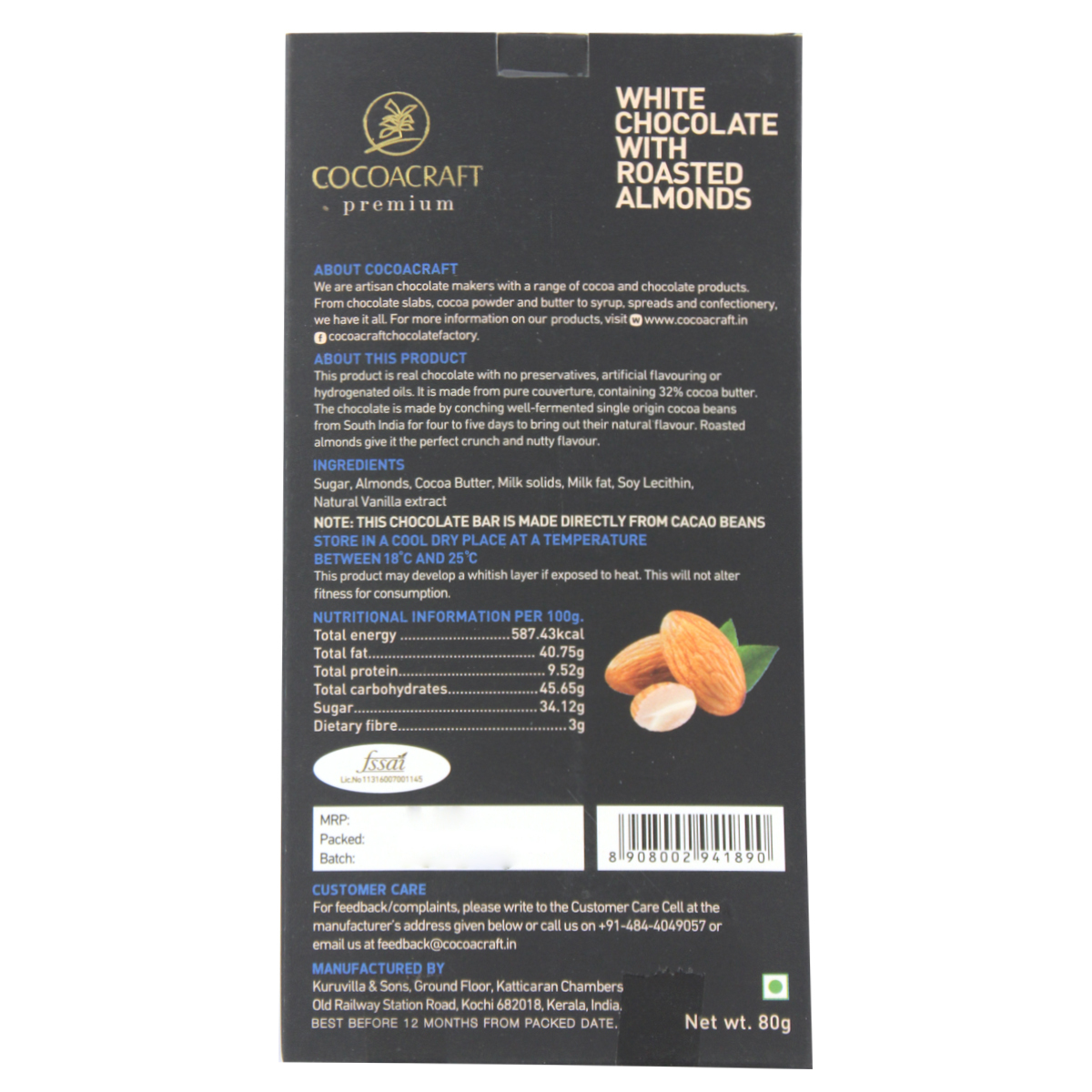 COCOACraft White Chocolate With Roasted Almonds 80g