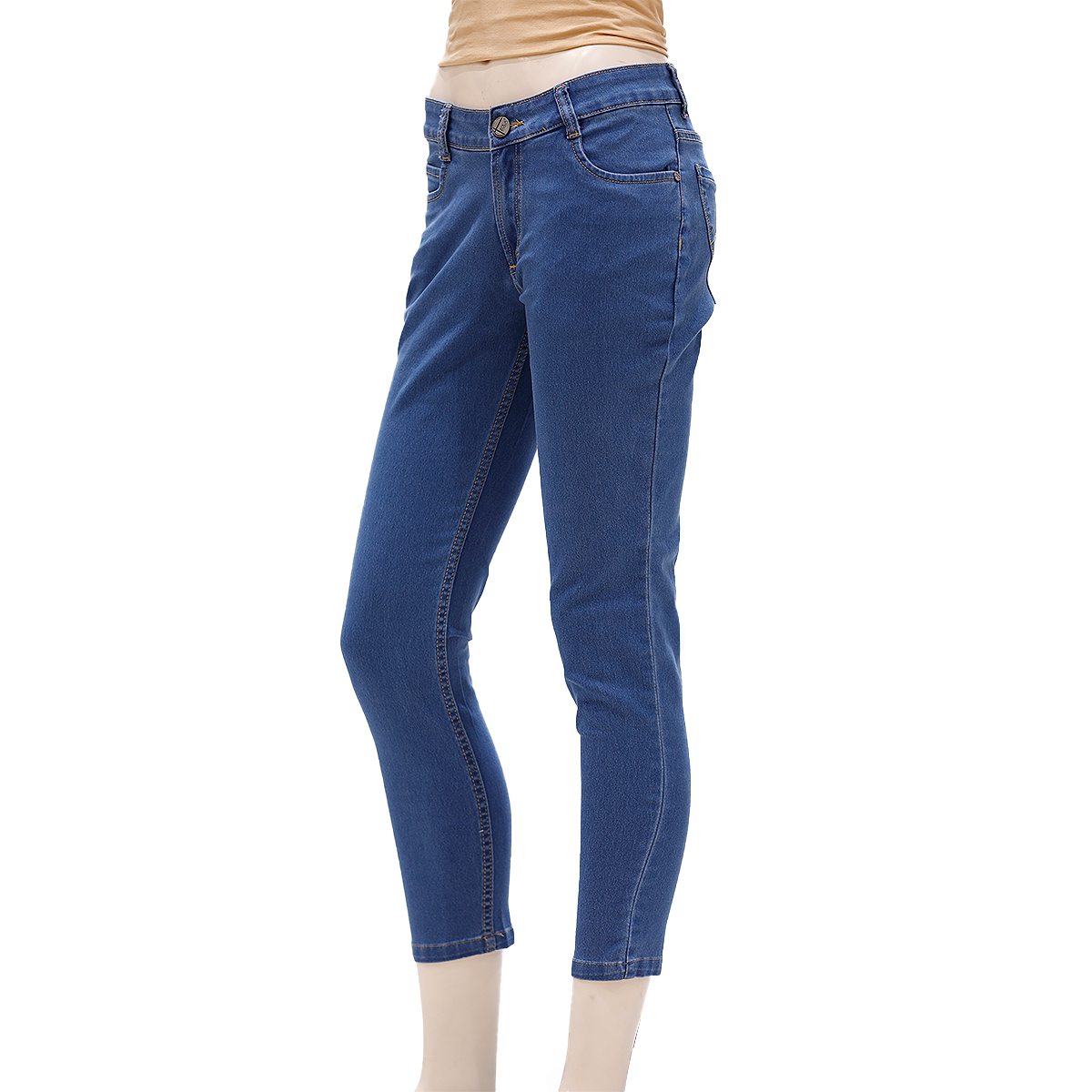Zola Ankle Length Mid Waist Silky Finished Jeans With 1 Button Fly Front Zip Opening - Stone/Mid Blue, Size-36