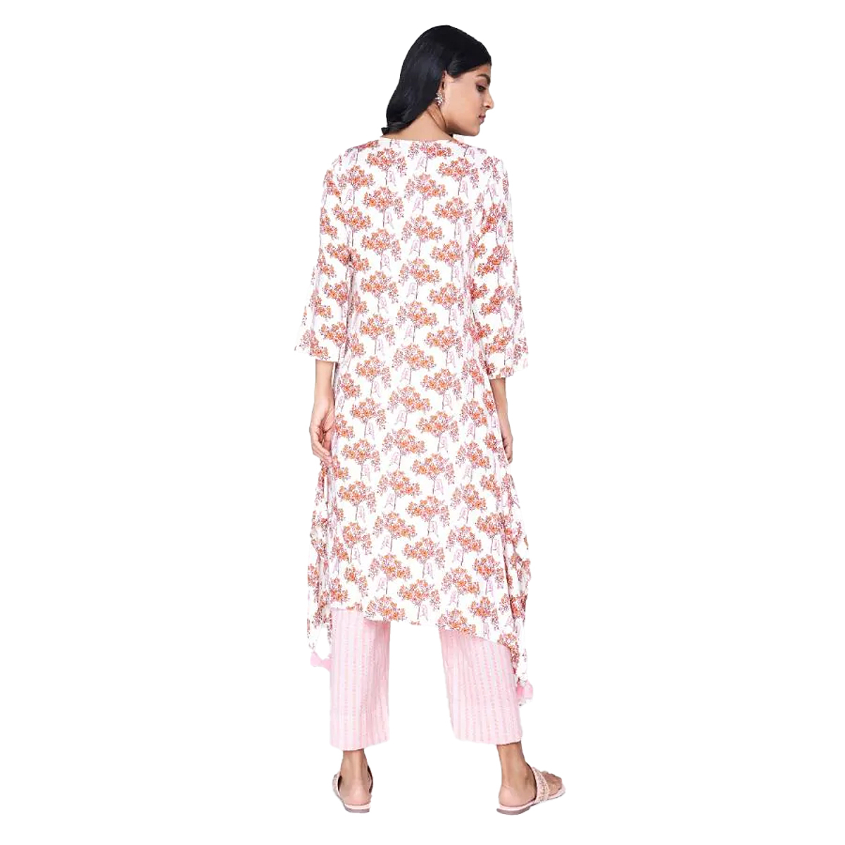 Global Desi Printed Flare Kurta Styled With Hankerchief Cut hemline - Off White