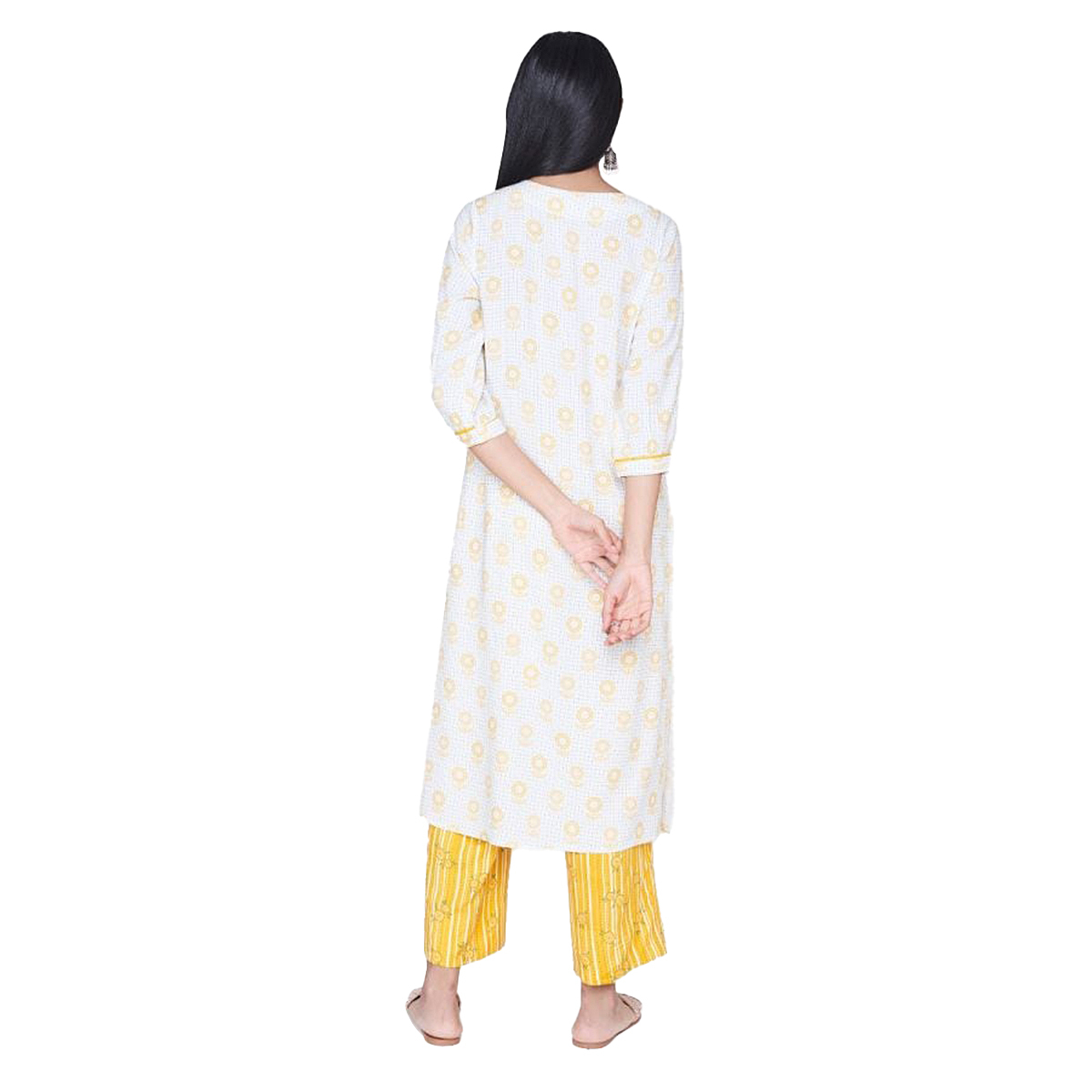 Global Desi Printed Straight Cut Side Slitted Kurta Styled with Tasseled Yoke - Off White