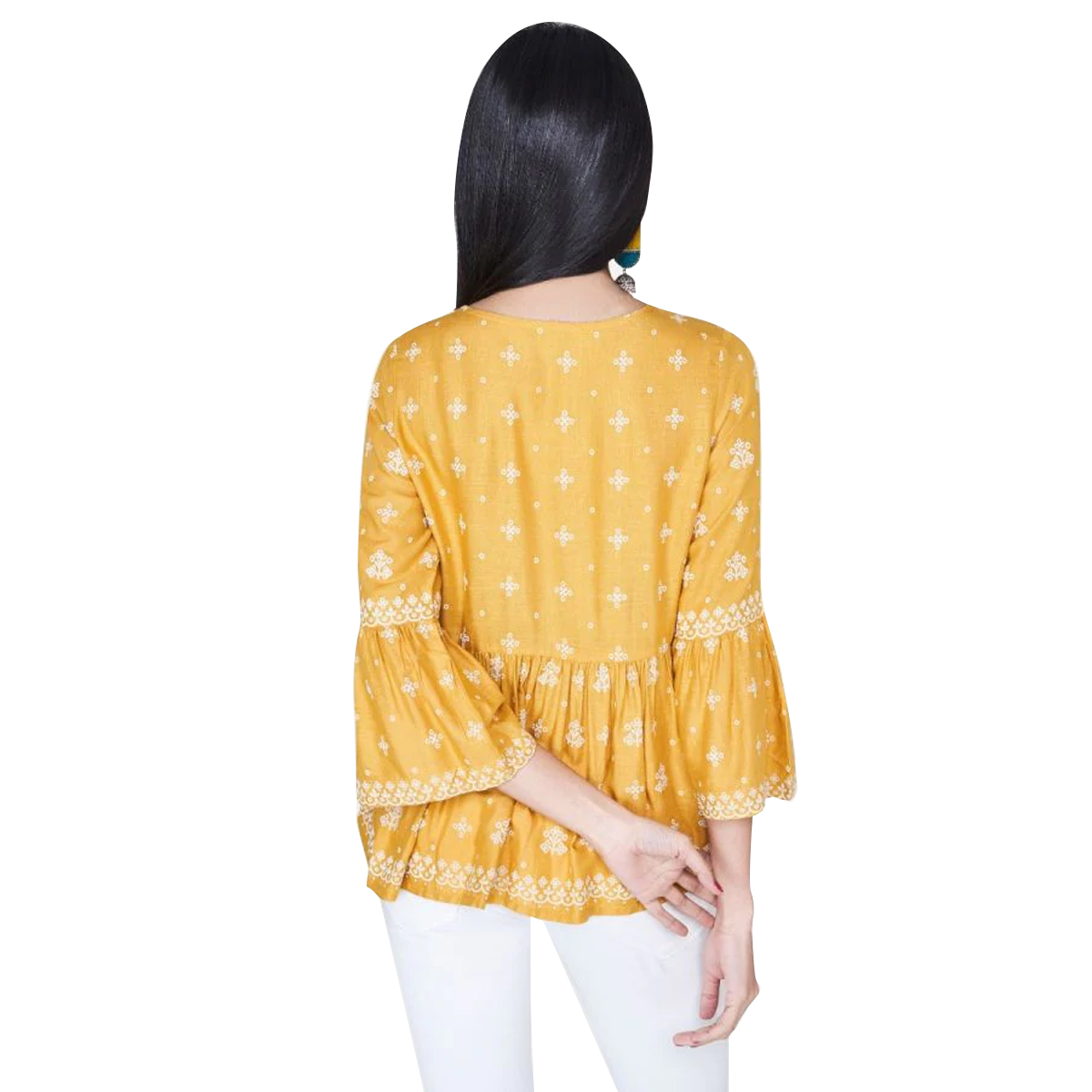Global Desi Gathered Peplum top with Neck Tie-Up & Gathered Bell Sleeve - Mustard