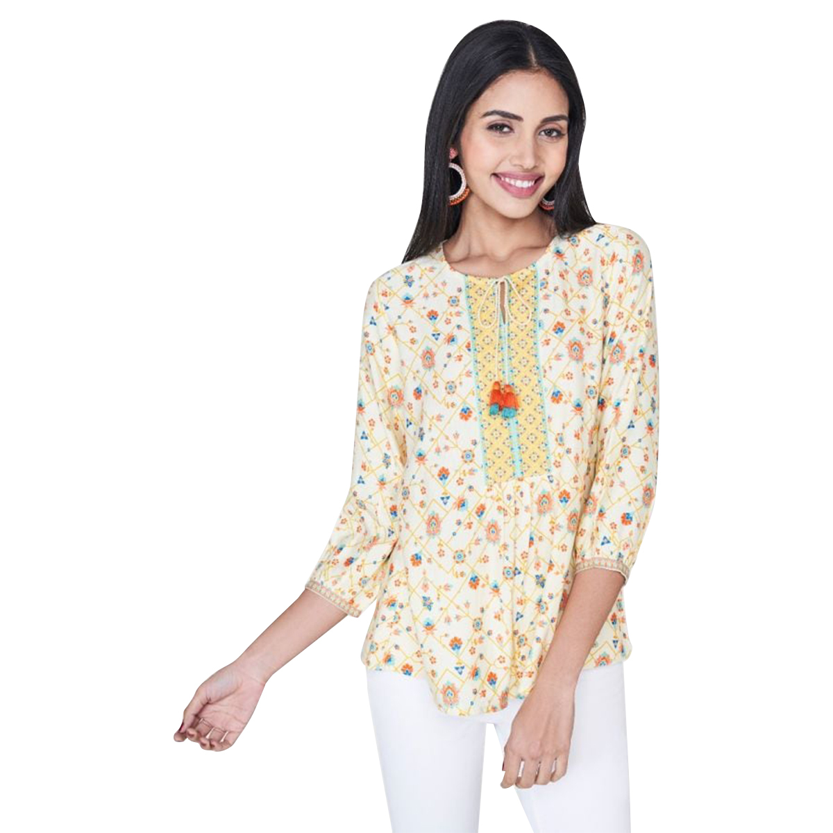 Global Desi Printed Top with Styled Yoke & Neck Tie-Up - Off White