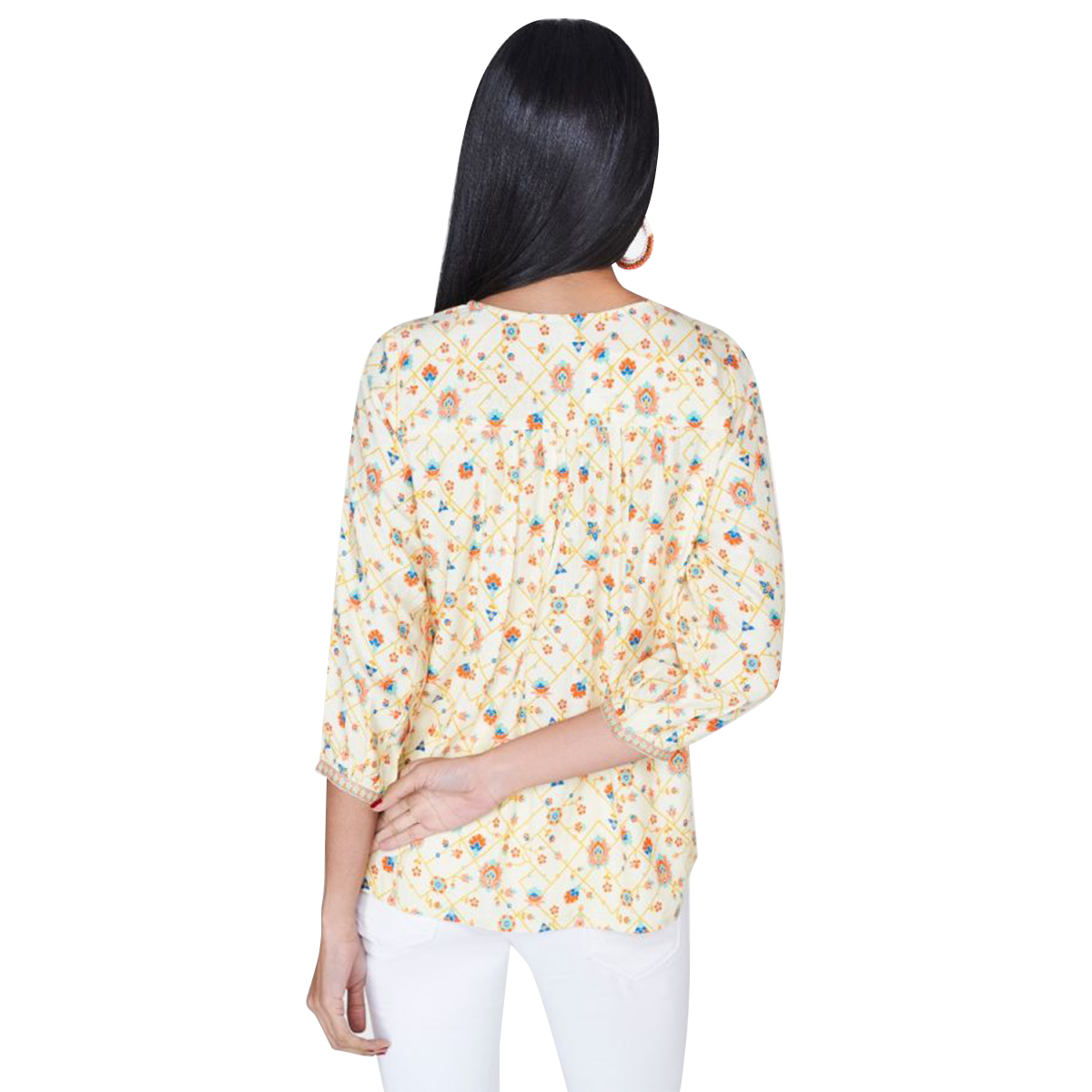 Global Desi Printed Top with Styled Yoke & Neck Tie-Up - Off White