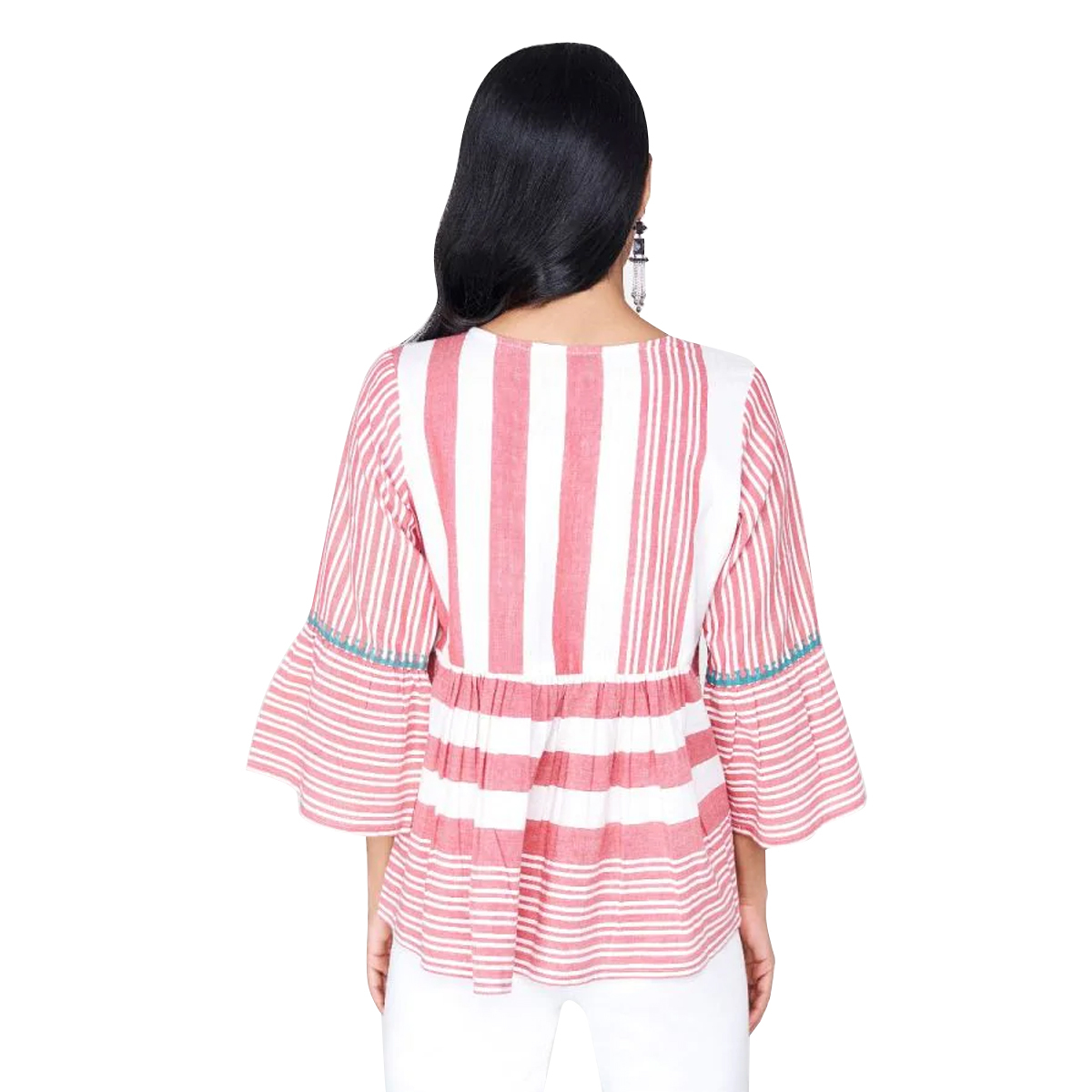 Global Desi Striped Gathered Peplum Top Styled with printed Yoke & Neck Tie-Up - Red