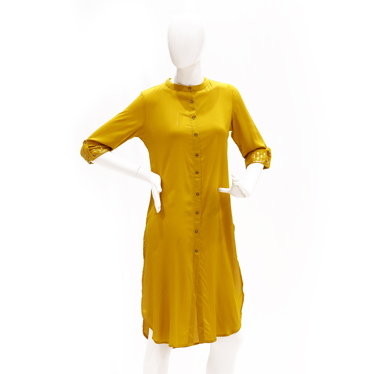 Desi Belle A Line Kurta With Flat Band Collar And Front Open Placket -Mustard