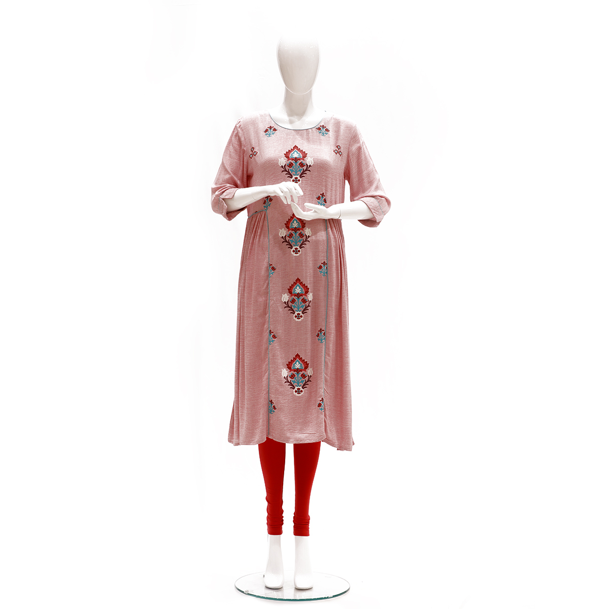 Desi Belle Printed A Line Kurta With Side Waist Seam And Minimal Gathers-Pink