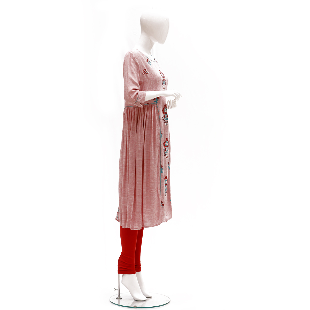 Desi Belle Printed A Line Kurta With Side Waist Seam And Minimal Gathers-Pink