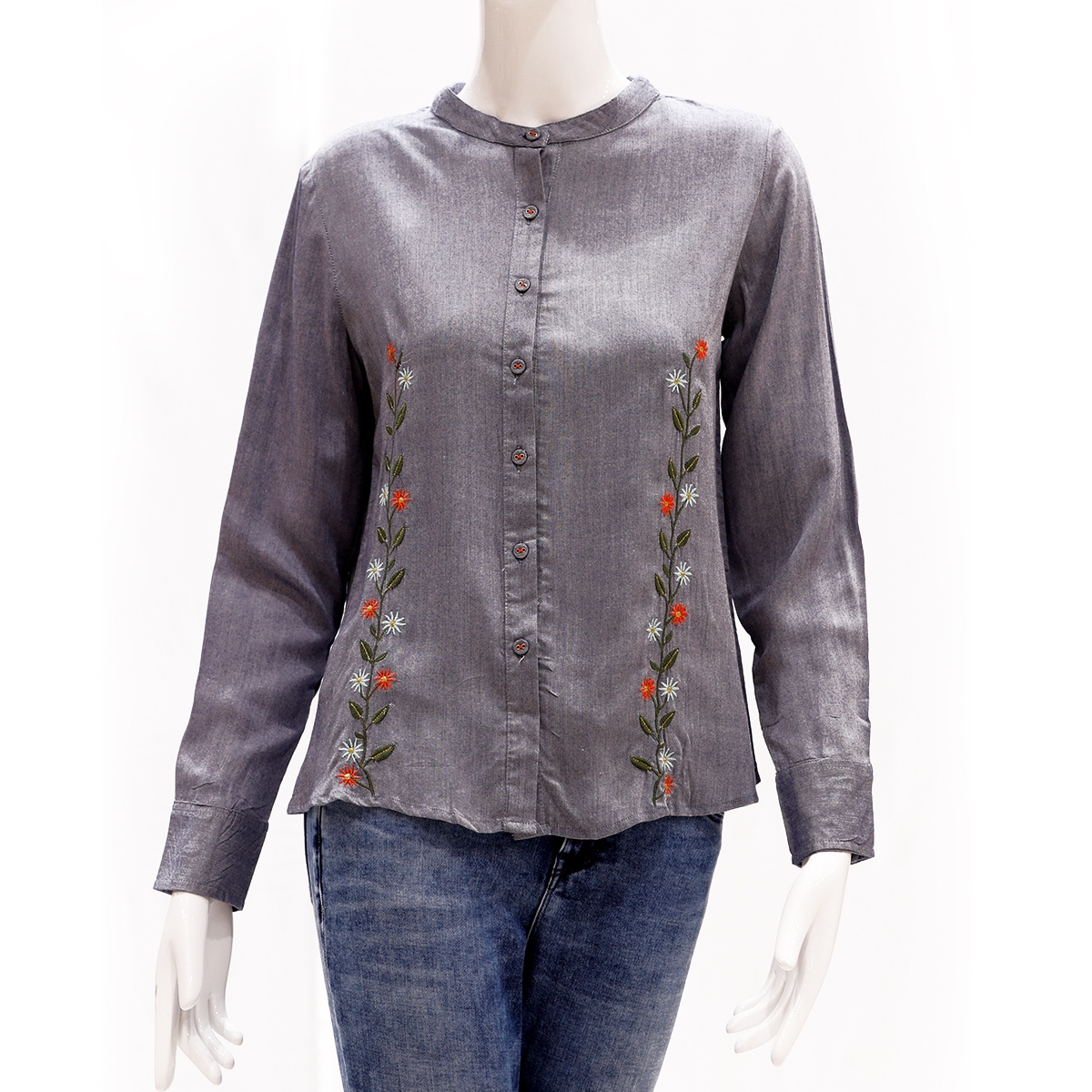Desi Belle Mandarin Collar Shirt With Floral Embroidery-Blue