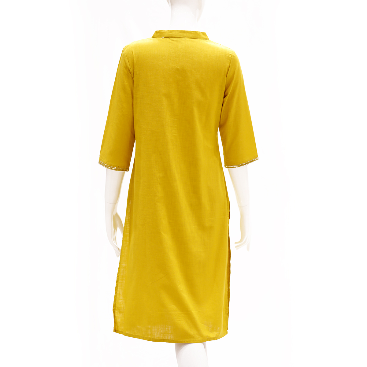 Desi Belle Solid Kurta With Flat Band Collar And Hand Embroidery-Yellow